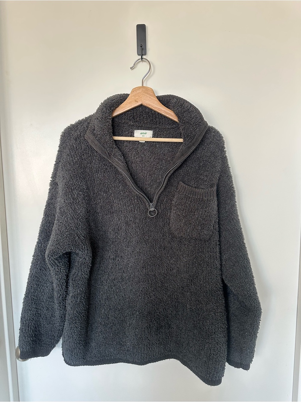 Aerie Dark Gray Sherpa Fleece Quarter-Zip Pullover Sweater
